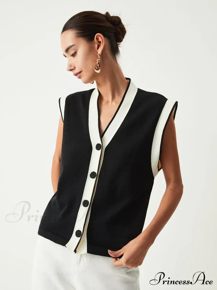 Contrast Trim Graceful Sweater Vest Sweaters-L