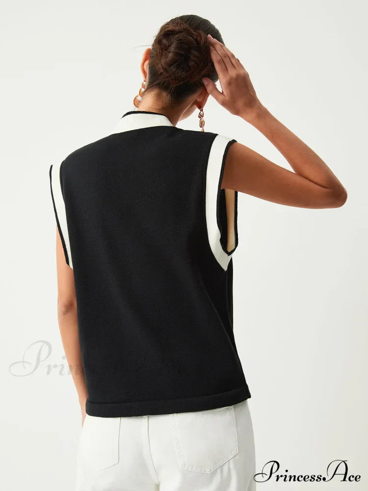 Contrast Trim Graceful Sweater Vest Sweaters-L
