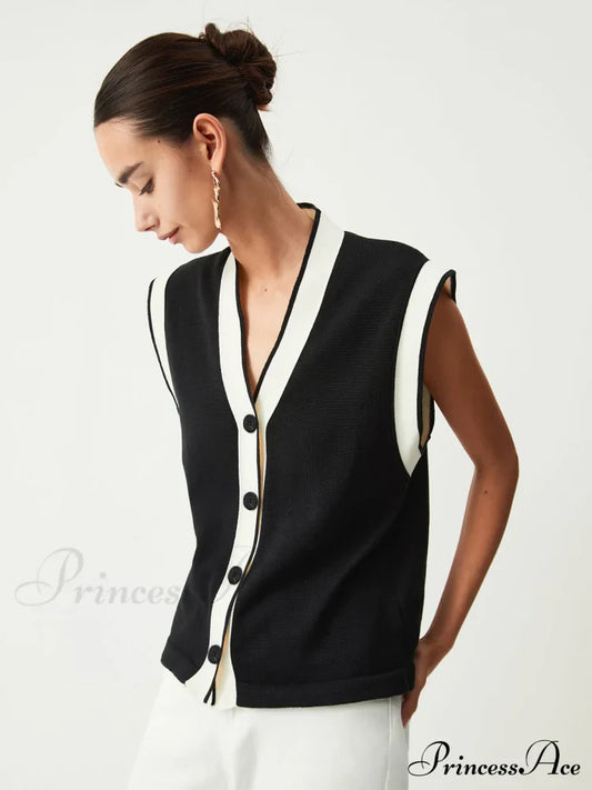Contrast Trim Graceful Sweater Vest Sweaters-L