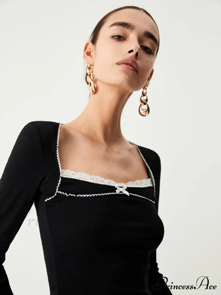 Contrast Trim Lace Trendy Long Sleeve Crop Top T-Shirts