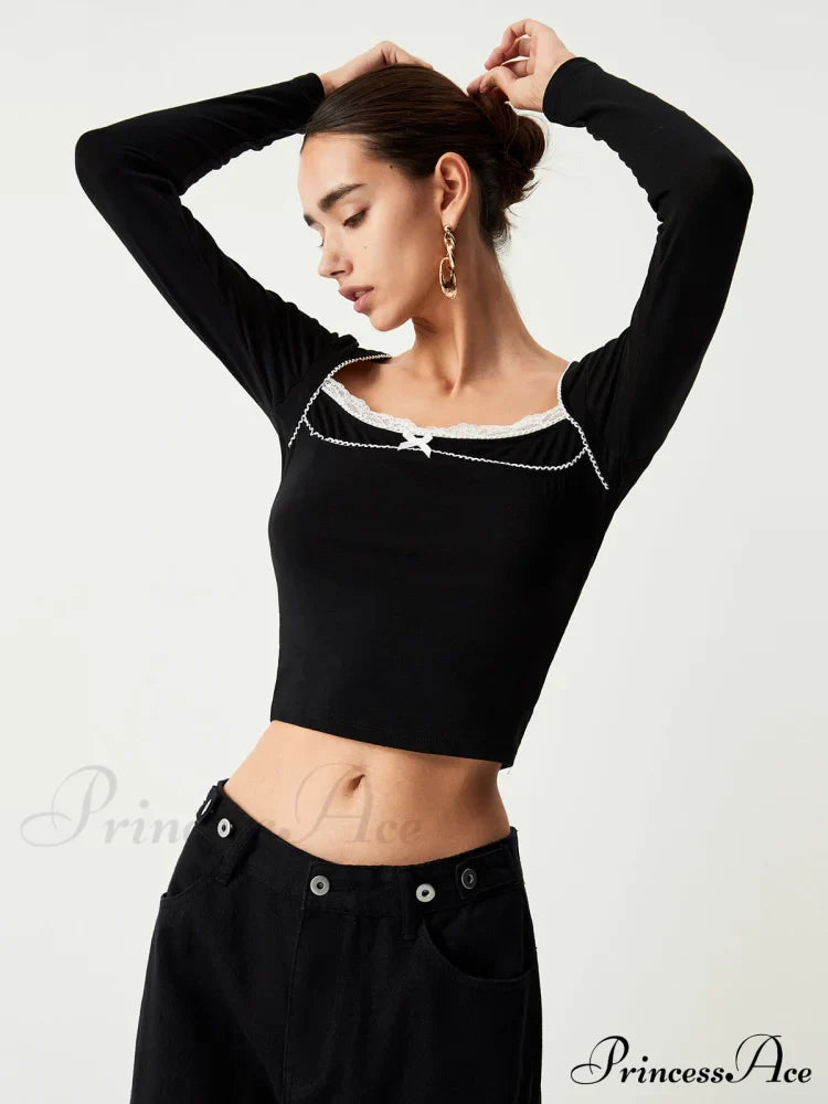 Contrast Trim Lace Trendy Long Sleeve Crop Top T-Shirts