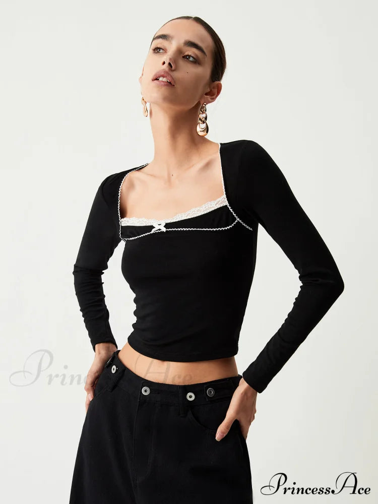 Contrast Trim Lace Trendy Long Sleeve Crop Top T-Shirts
