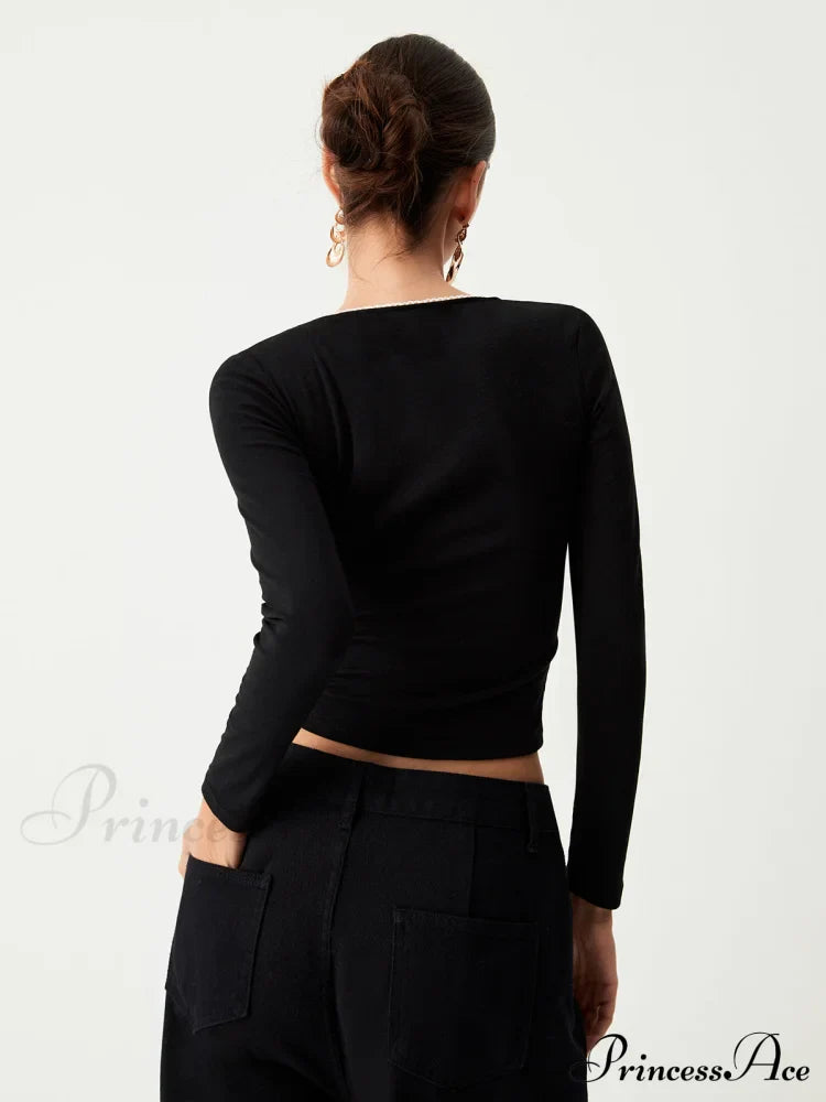 Contrast Trim Lace Trendy Long Sleeve Crop Top T-Shirts