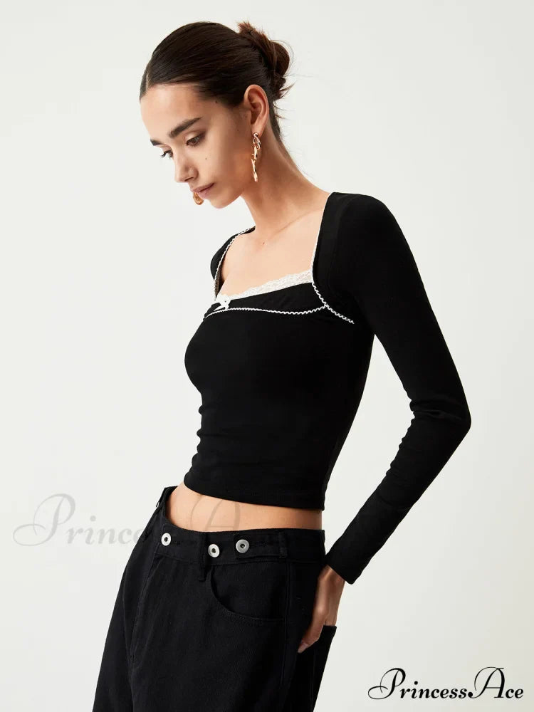 Contrast Trim Lace Trendy Long Sleeve Crop Top T-Shirts