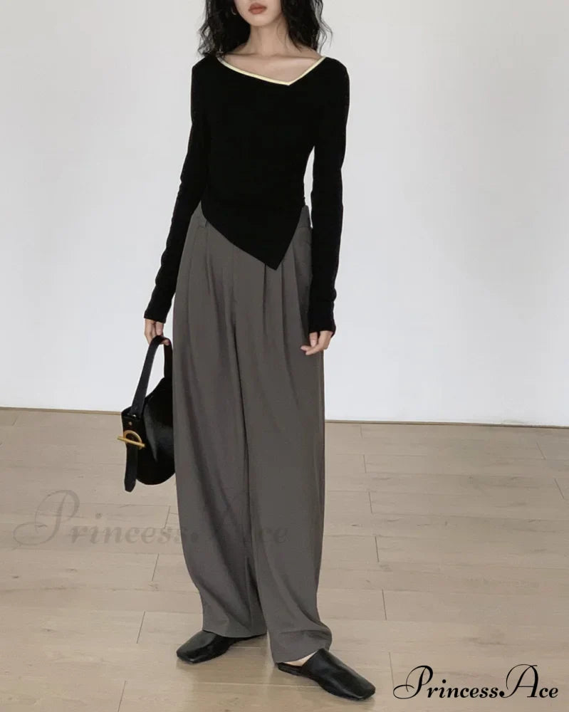 Contrast Trim Long Trendy Sleeve Asymmetrical Top T-Shirts