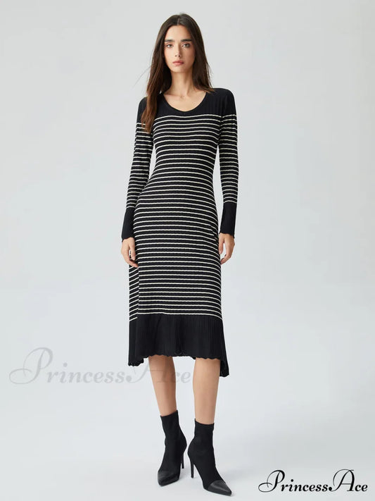 Contrast Trim Striped Crew Modern Neck Knit Sweater Dress Sweaters-L