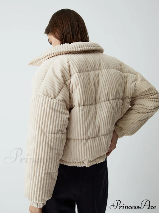 Corduroy Open Graceful Collar Puffer Coat Coats-L