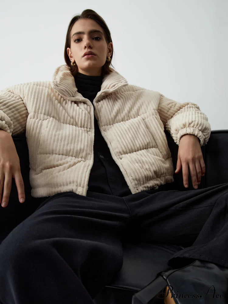 Corduroy Open Graceful Collar Puffer Coat Coats-L