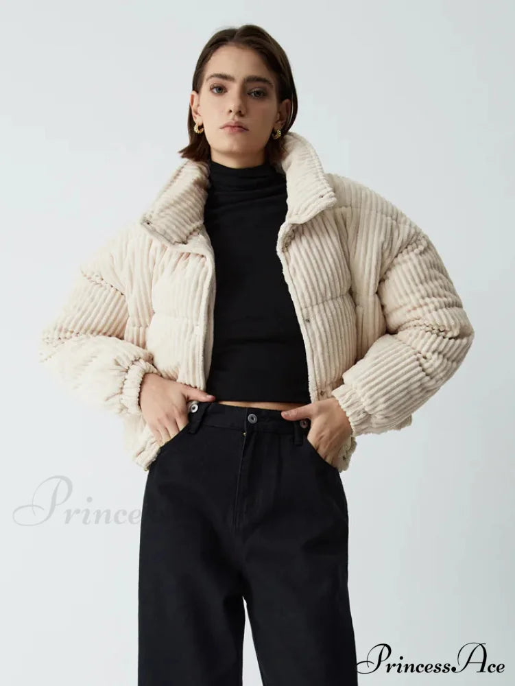 Corduroy Open Graceful Collar Puffer Coat Off-White / Xs Coats-L