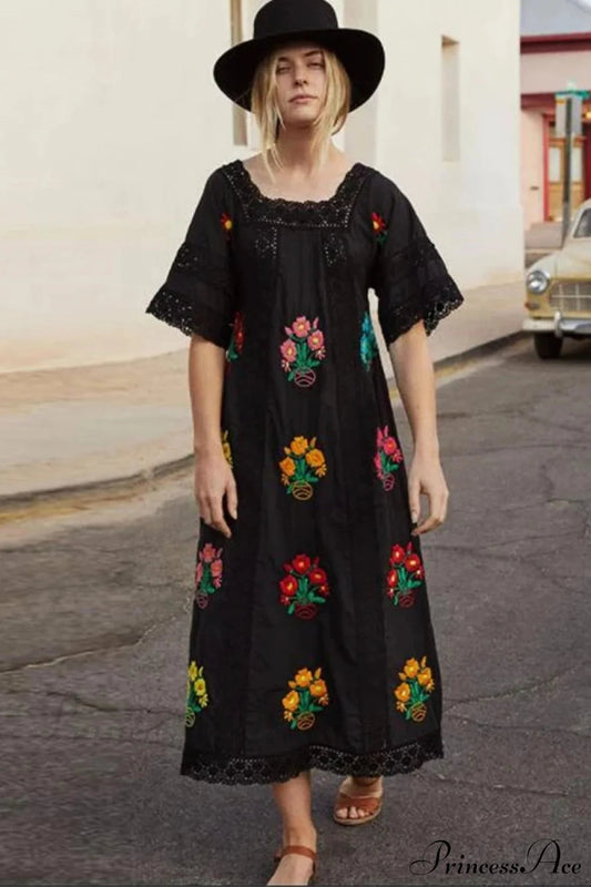 Cotton Floral Embroidery Boho Dress