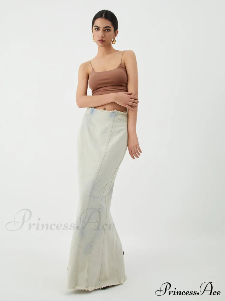 Cotton Minimalism Washed Trendy Denim Maxi Skirt Skirts