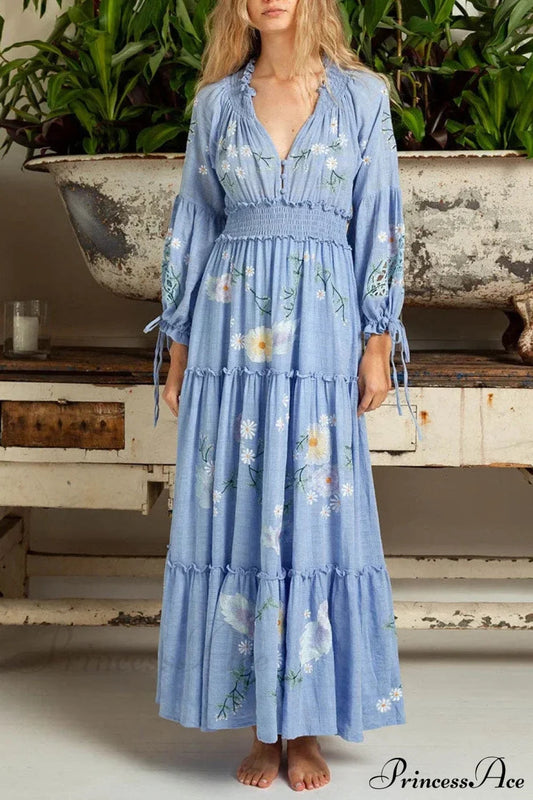 Cotton Rayon Blue Floral Embroidery Boho Dress