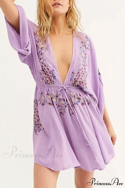 Cotton Rayon Purple Floral Embroidery Boho Dress