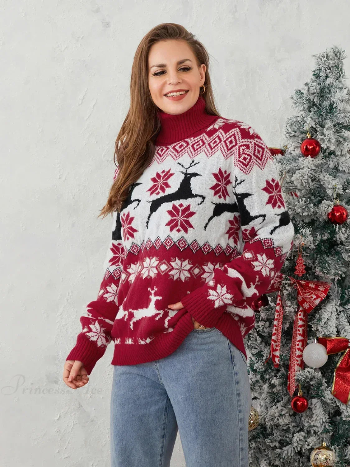 Couples Elk Print Long Sleeve Turtleneck Warm Knitted Christmas Sweater Sweaters-L