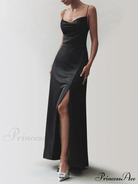 Cowl Neck Satin Trendy Slit Long Dress Black / Xs Dresses