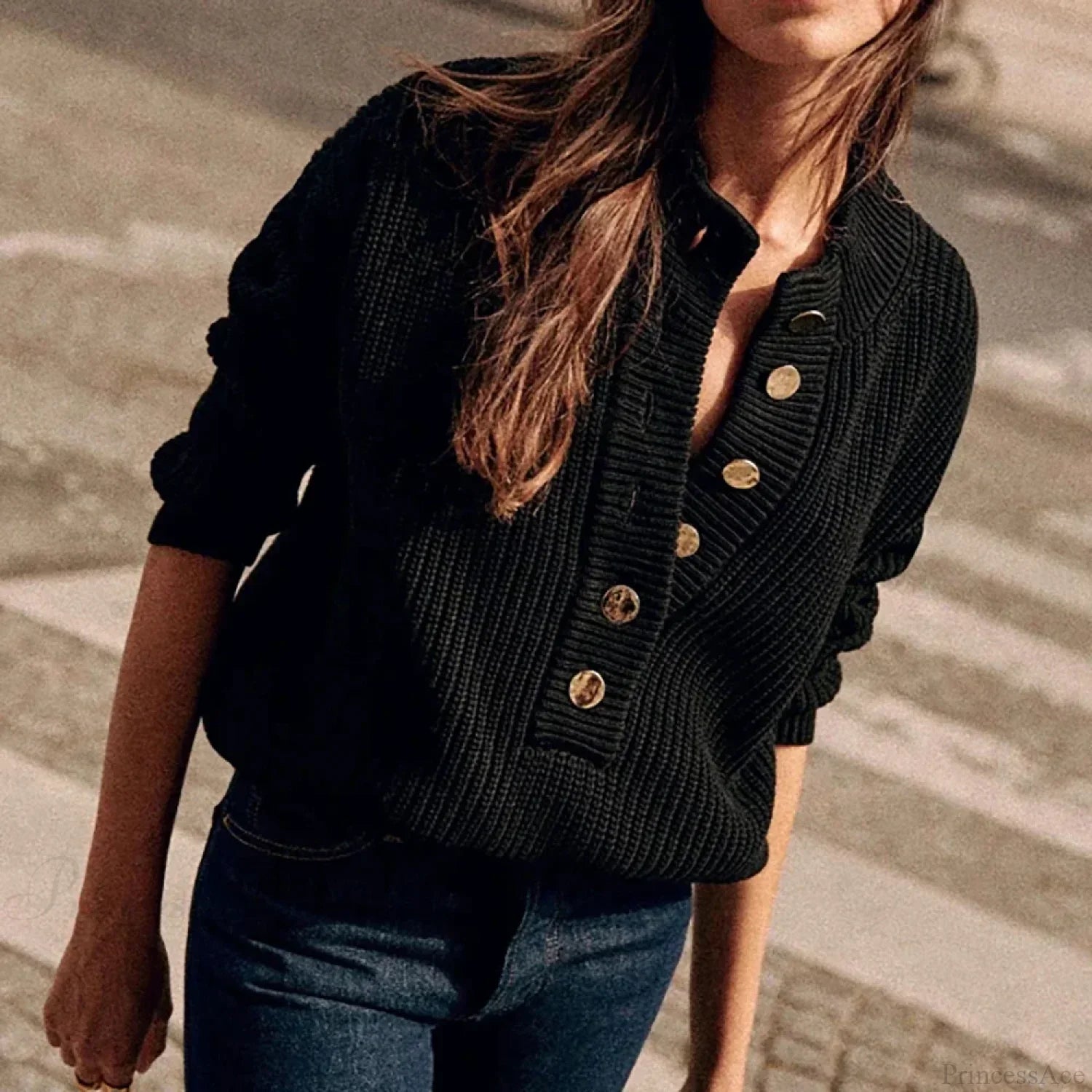 Cozy Warm Jacquard Long Sleeve Button Female Casual Christmas Sweater Sweaters-L