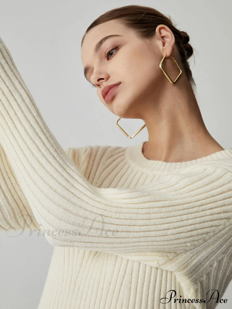 Cream Rib Long Trendy Sleeve Short Sweater Dress Sweaters-L