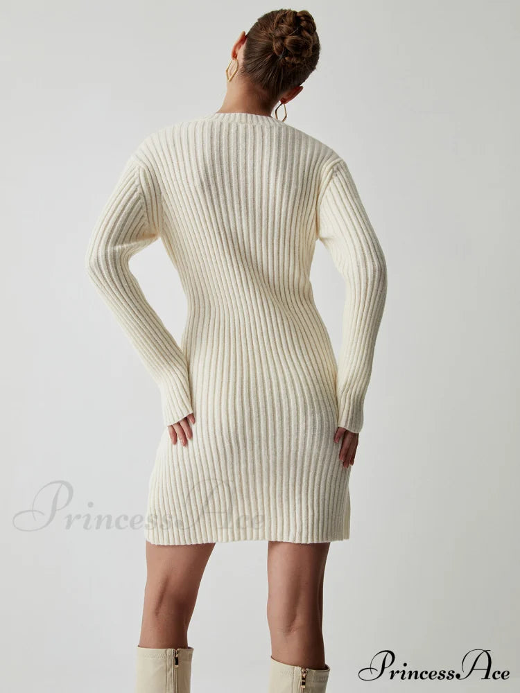 Cream Rib Long Trendy Sleeve Short Sweater Dress Sweaters-L