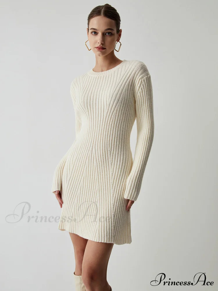 Cream Rib Long Trendy Sleeve Short Sweater Dress White / Xs Sweaters-L