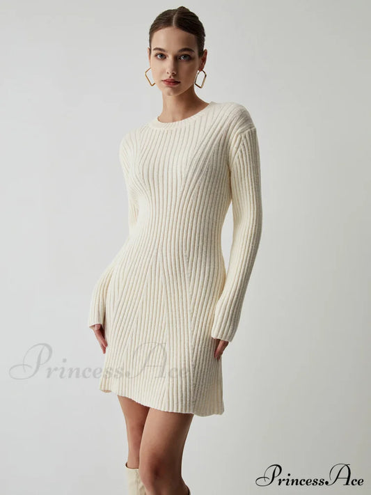 Cream Rib Long Trendy Sleeve Short Sweater Dress White / Xs Sweaters-L