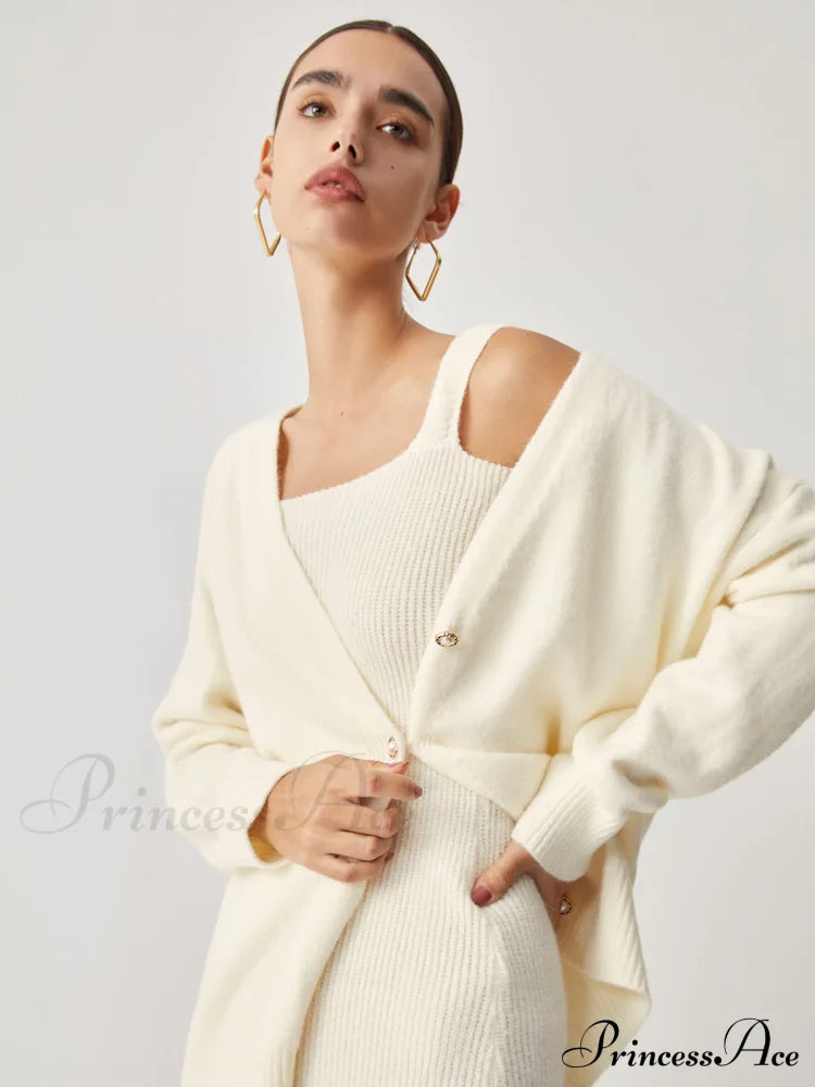 Cream Short Sweater Trendy Dress With Matching Cardigan Sweaters-L