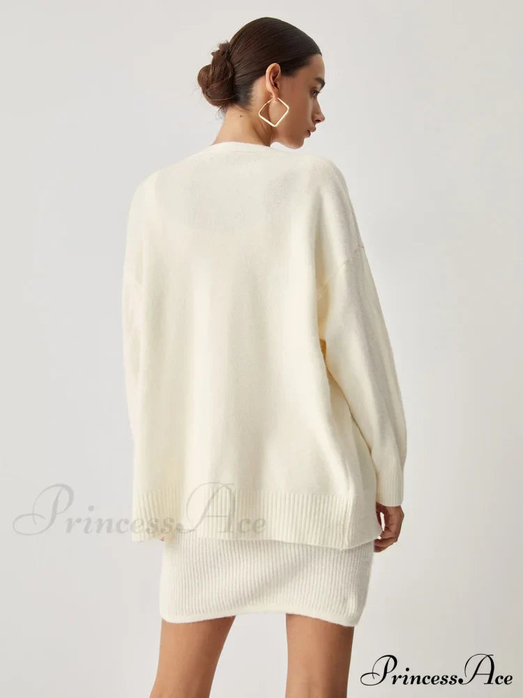 Cream Short Sweater Trendy Dress With Matching Cardigan Sweaters-L