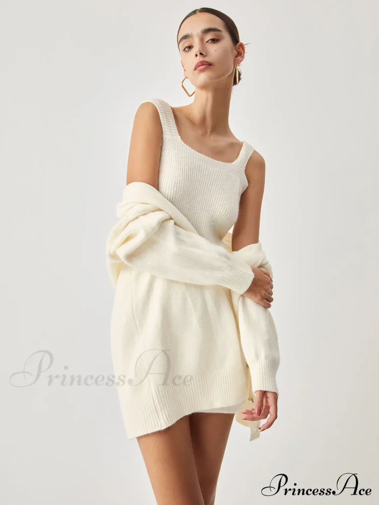 Cream Short Sweater Trendy Dress With Matching Cardigan Sweaters-L