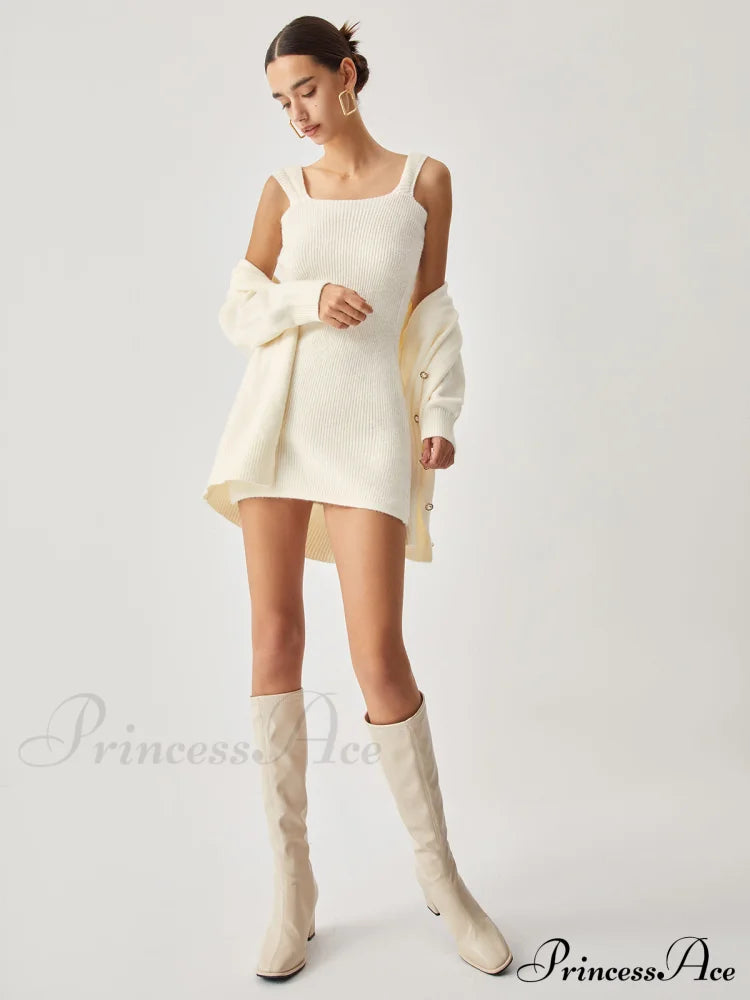 Cream Short Sweater Trendy Dress With Matching Cardigan Sweaters-L