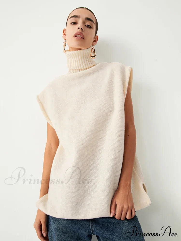Cream Turtleneck Graceful Sweater Vest Sweaters-L