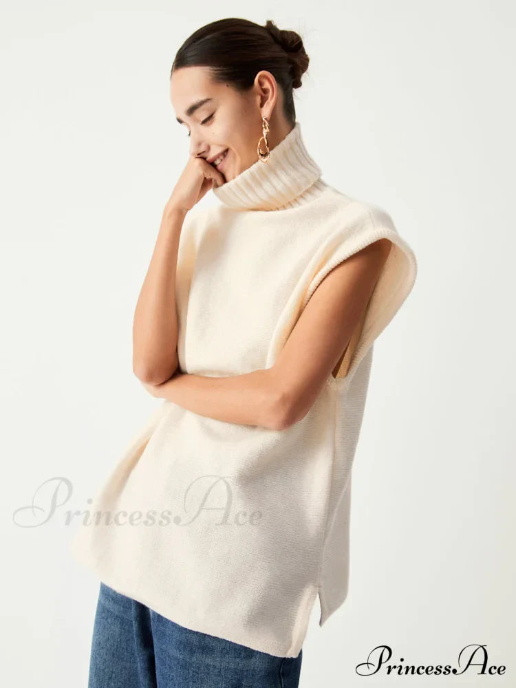 Cream Turtleneck Graceful Sweater Vest Sweaters-L