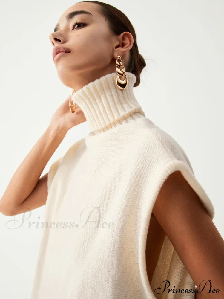 Cream Turtleneck Graceful Sweater Vest Sweaters-L