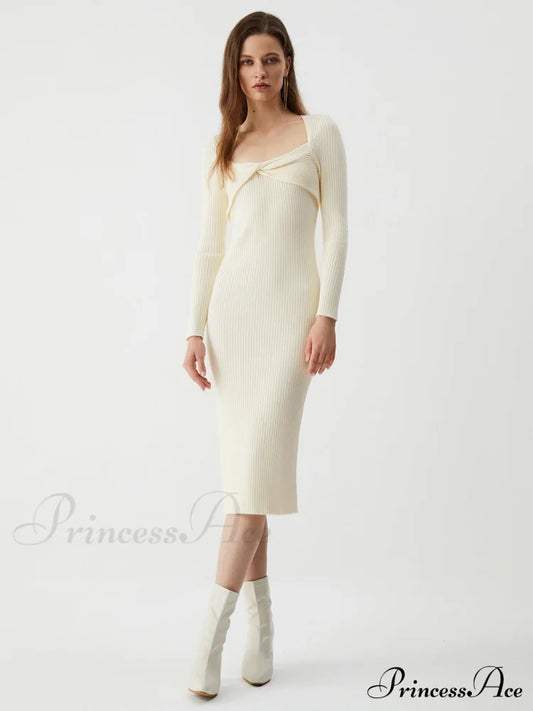 Cream Twist Detail Long Modern Sleeve Midi Sweater Dress Sweaters-L