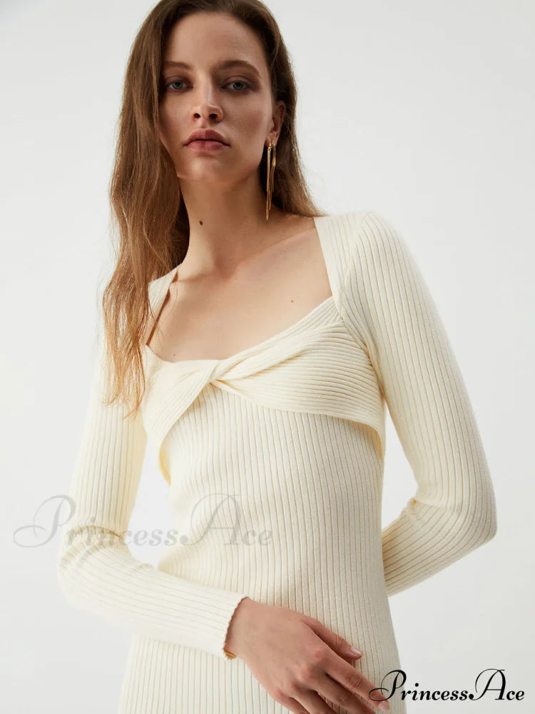 Cream Twist Detail Long Modern Sleeve Midi Sweater Dress Sweaters-L