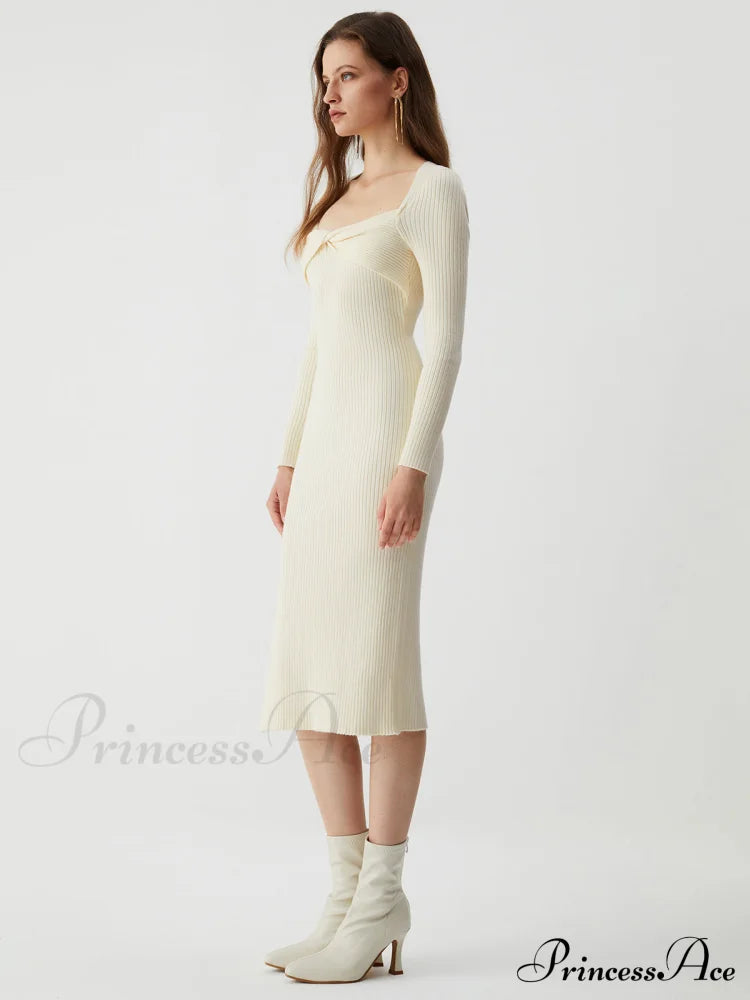 Cream Twist Detail Long Modern Sleeve Midi Sweater Dress Sweaters-L