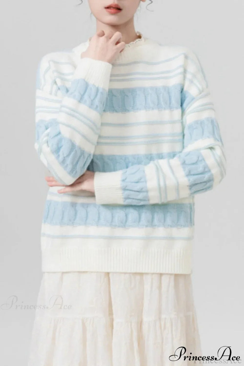 Creamy Stripe Cable-Knit Loose Sweater Blue / One Size
