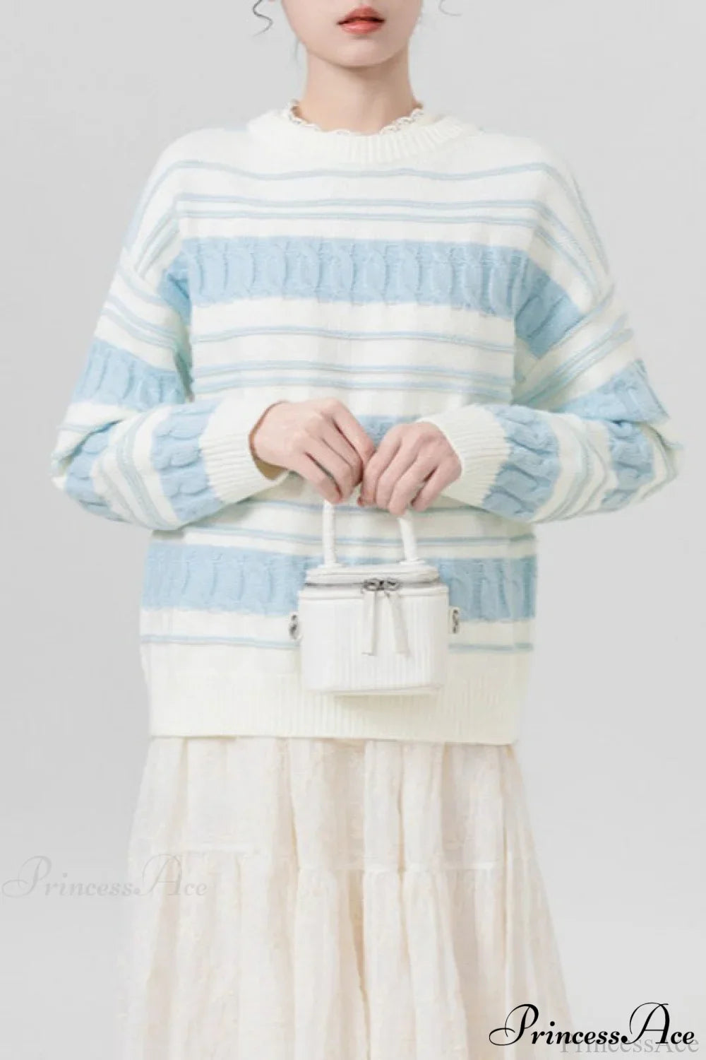 Creamy Stripe Cable-Knit Loose Sweater Blue / One Size