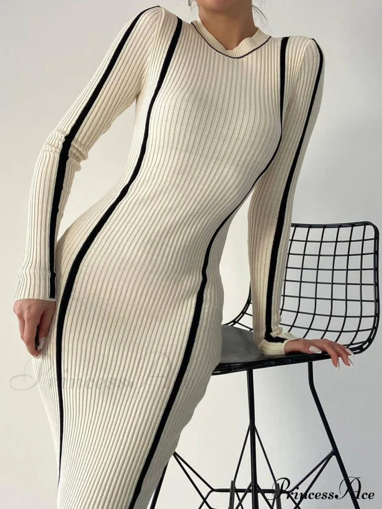 Crew Neck Contrast Trim Modern Long Sleeve Knit Midi Dress Off-White / Xs Sweaters-L