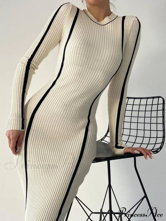 Crew Neck Contrast Trim Modern Long Sleeve Knit Midi Dress Off-White / Xs Sweaters-L