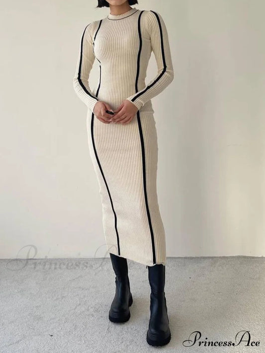 Crew Neck Contrast Trim Modern Long Sleeve Knit Midi Dress Sweaters-L