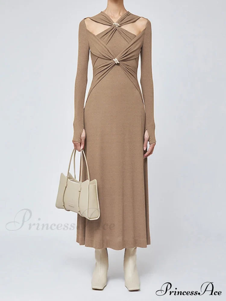 Criss Cross Cut Trendy Out Long Dress Brown / S Dresses