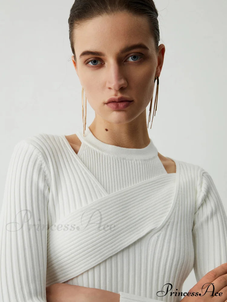 Criss Cross Halter Trendy Two Piece Knit Top Sweaters-L