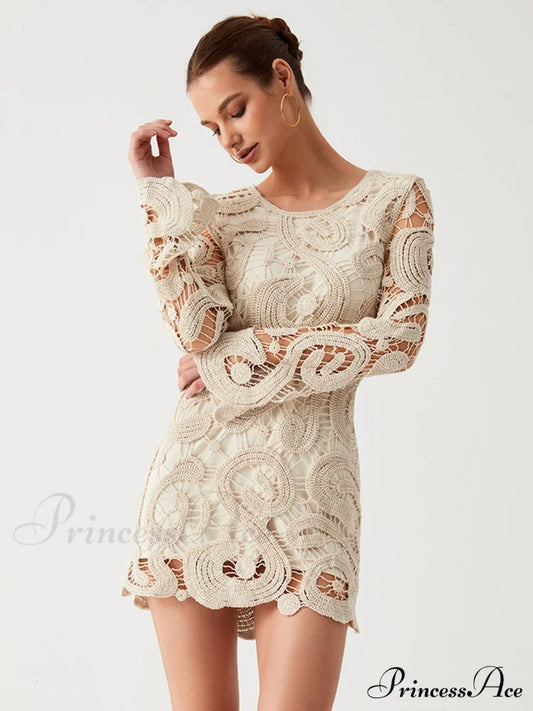 Crochet Paisley Long Trendy Sleeve Short Dress Apricot / Xs Sweaters-L