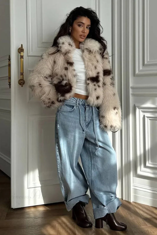 Cropped Cow Print Fuzzy Loose Warm Coat