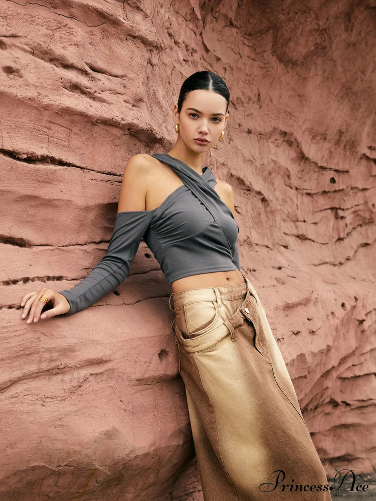 Cross-Over Neck Graceful Hooded Top T-Shirts