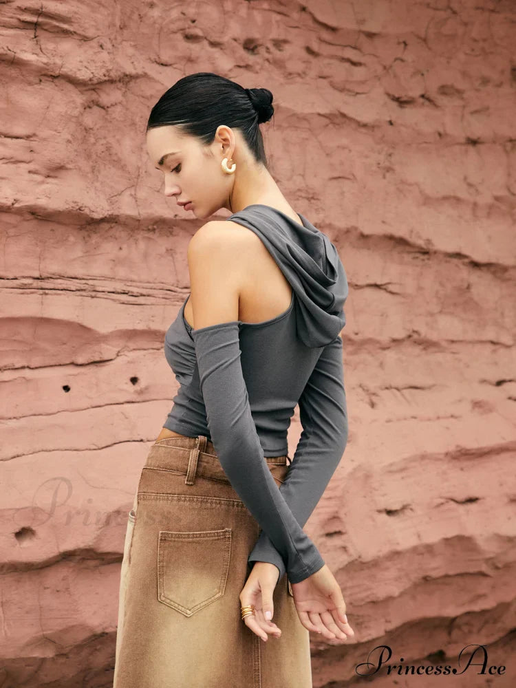 Cross-Over Neck Graceful Hooded Top T-Shirts