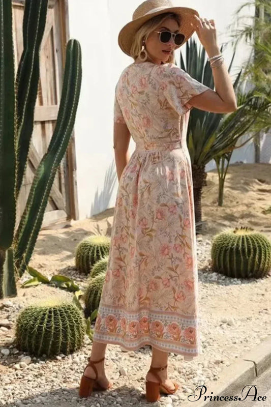 Cross V-neck Ruffles Boho Pleated Dress