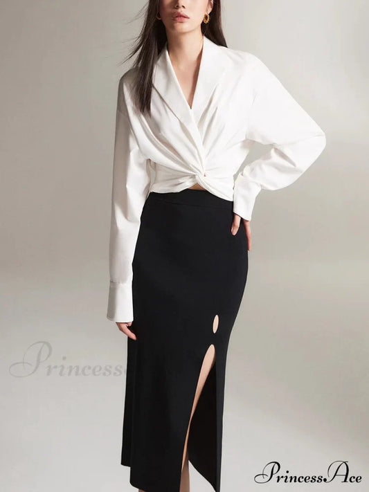 Crossover Twisted V-Neck Trendy Long Sleeve Shirt Shirts