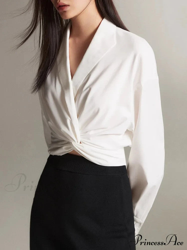 Crossover Twisted V-Neck Trendy Long Sleeve Shirt White / Xs Shirts
