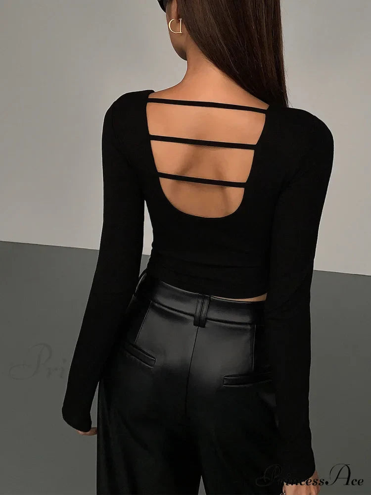 Cut Out Open Back Modern Long Sleeve Crop Top T-Shirts