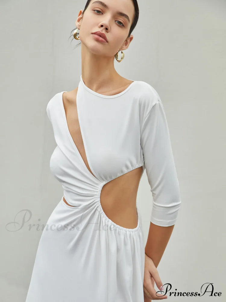 Cut Out Ruched Trendy Split Knit Maxi Dress Dresses